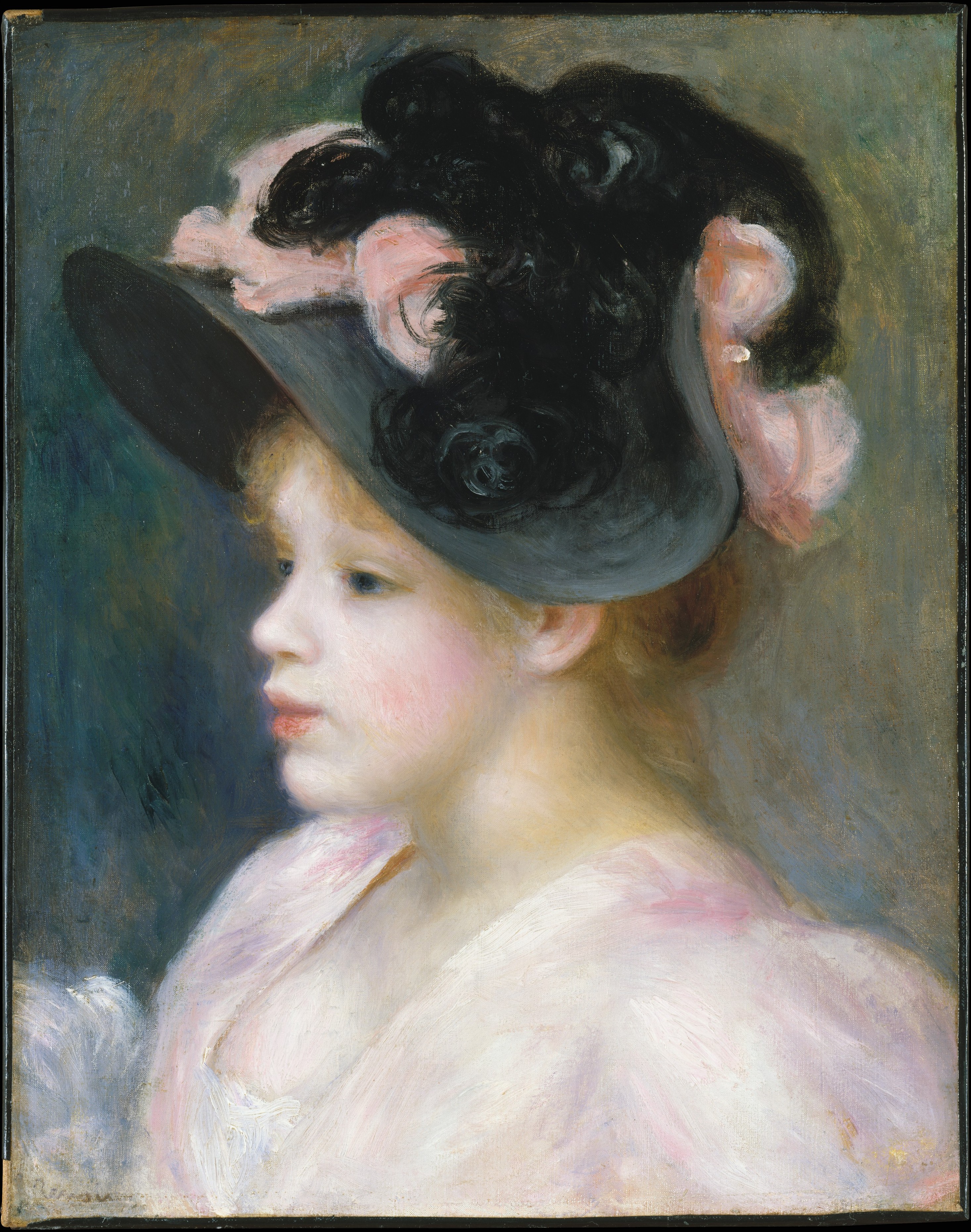 Girl with a pink and black hat 1890